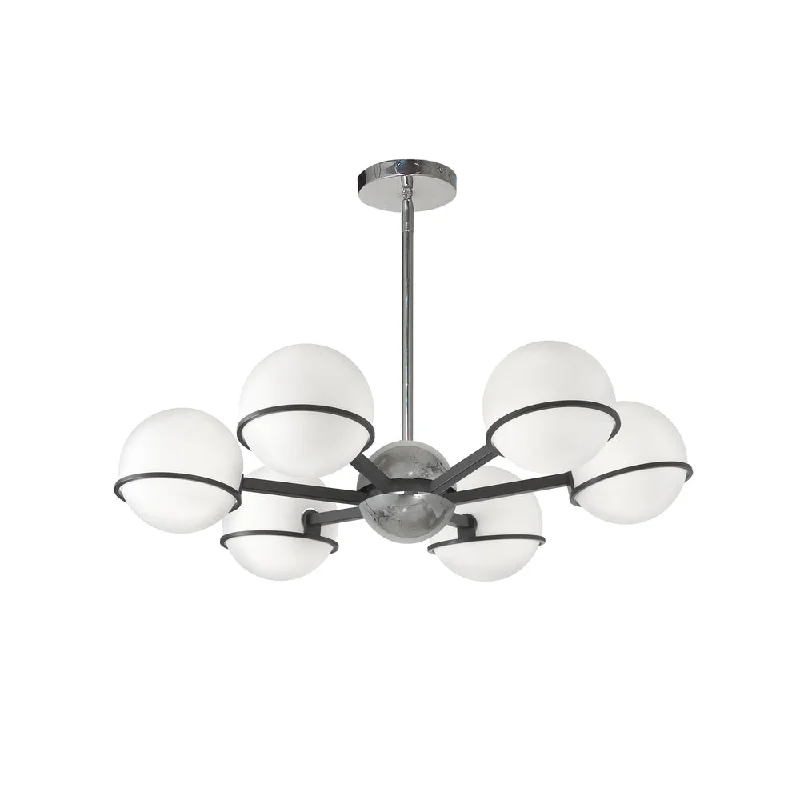 Chandeliers with Frosted Glass for a Softer Light DiffusionChandeliers with Frosted Glass for a Softer Light Diffusion6 Lights Halogen Chandelier, MB/PC with WH Opal Glass