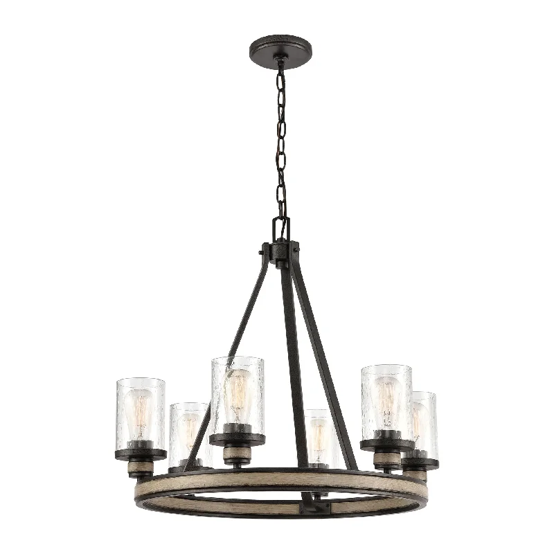 Chandeliers with Metal Frames in Bronze FinishChandeliers with Metal Frames in Bronze FinishBeaufort 6-Light Chandelier in Anvil Iron and Distressed Antique Graywood with Seedy Glass by ELK Lighting