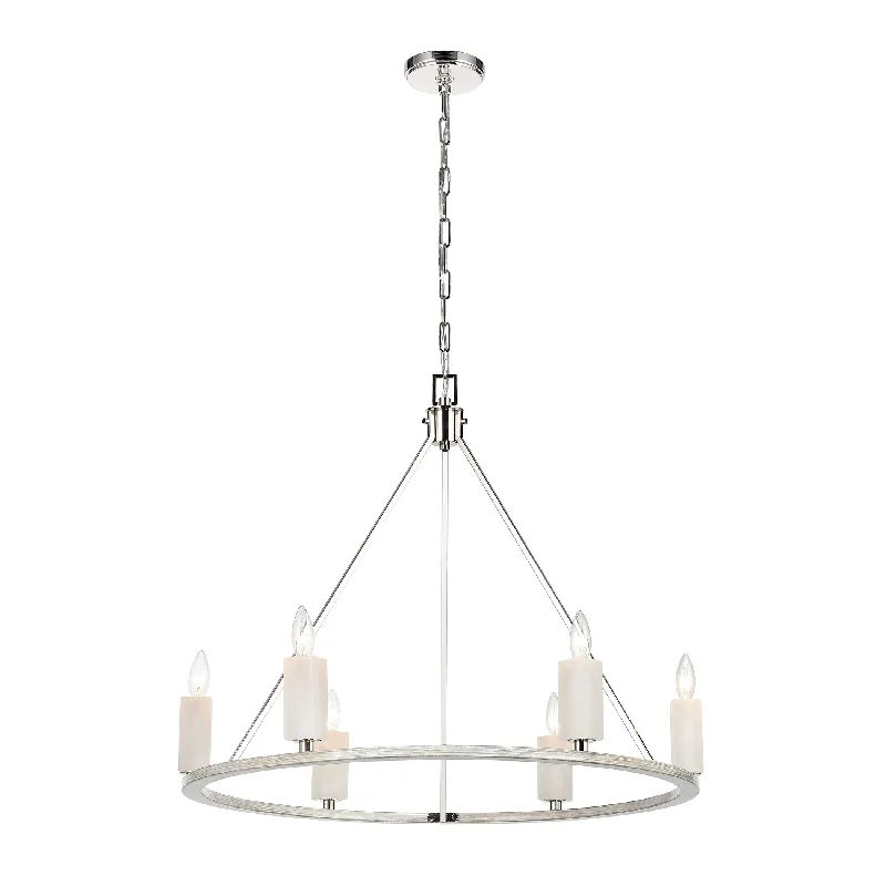 Minimalist Chandeliers for Sleek and Simple InteriorsMinimalist Chandeliers for Sleek and Simple InteriorsWhite Stone 6-Light chandelier in Polished Nickel / Sunbleached Oak ELK Lighting