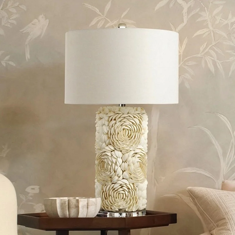 glass table lamps with a frosted surface for soft light diffusionglass table lamps with a frosted surface for soft light diffusionAl Kaphrah - White Shell Floral Table Light with Drum Lamp Shade