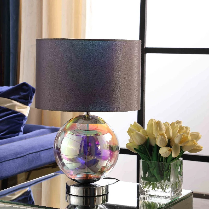 fabric table lamps with a linen shade for a relaxed and breathable lookfabric table lamps with a linen shade for a relaxed and breathable look19" Iridescent Glass Globe Table Lamp With Gray Classic Drum Shade By Homeroots