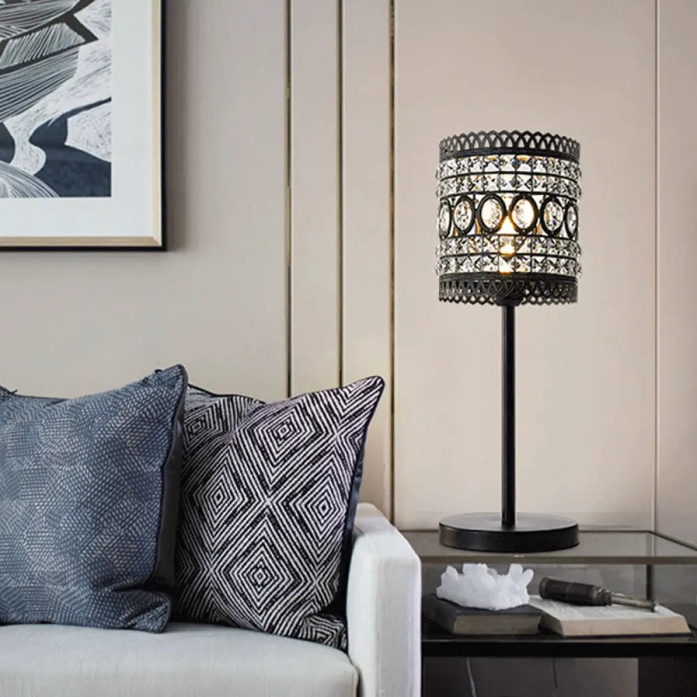 crystal table lamps with dazzling prisms for a glamorous effectcrystal table lamps with dazzling prisms for a glamorous effectBiham - Modern Cylinder Night Table Light Modern Metallic 1-Head Bedside Nightstand Lamp with Crystal Accent in Black