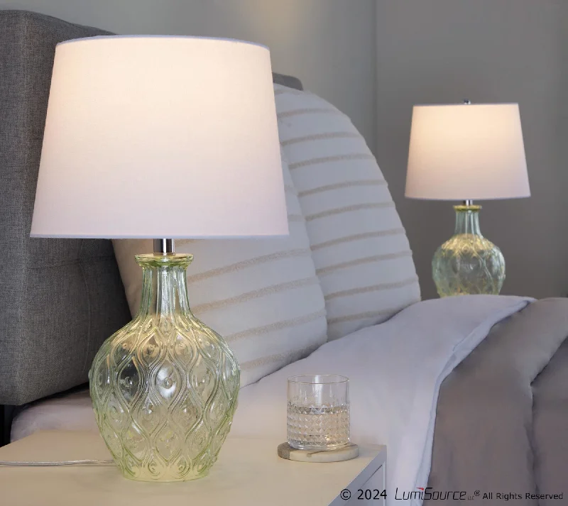 Clear Recycled Spanish Glass, Chrome Metal, White Linen