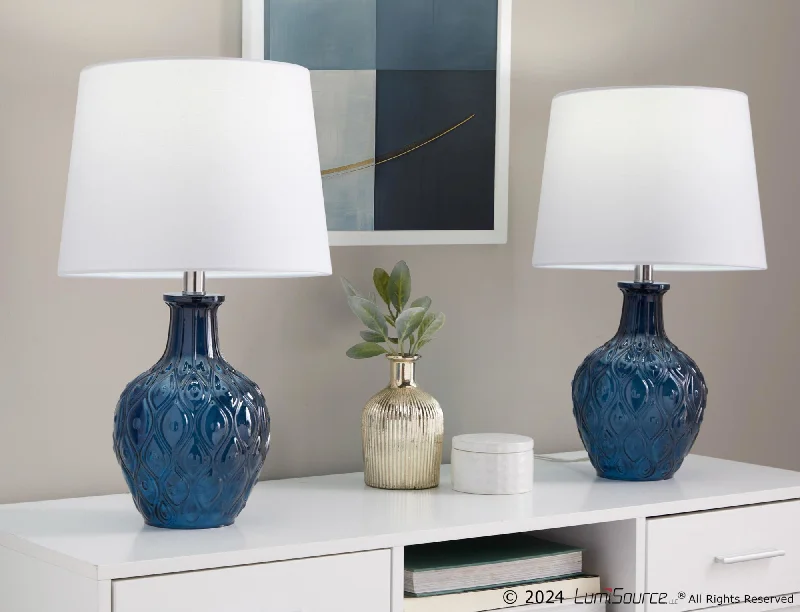 Dark Moroccan Blue Glass, Chrome Metal, White Linen