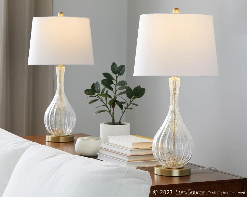 Clear Crackle Glass, Gold Metal, White Linen